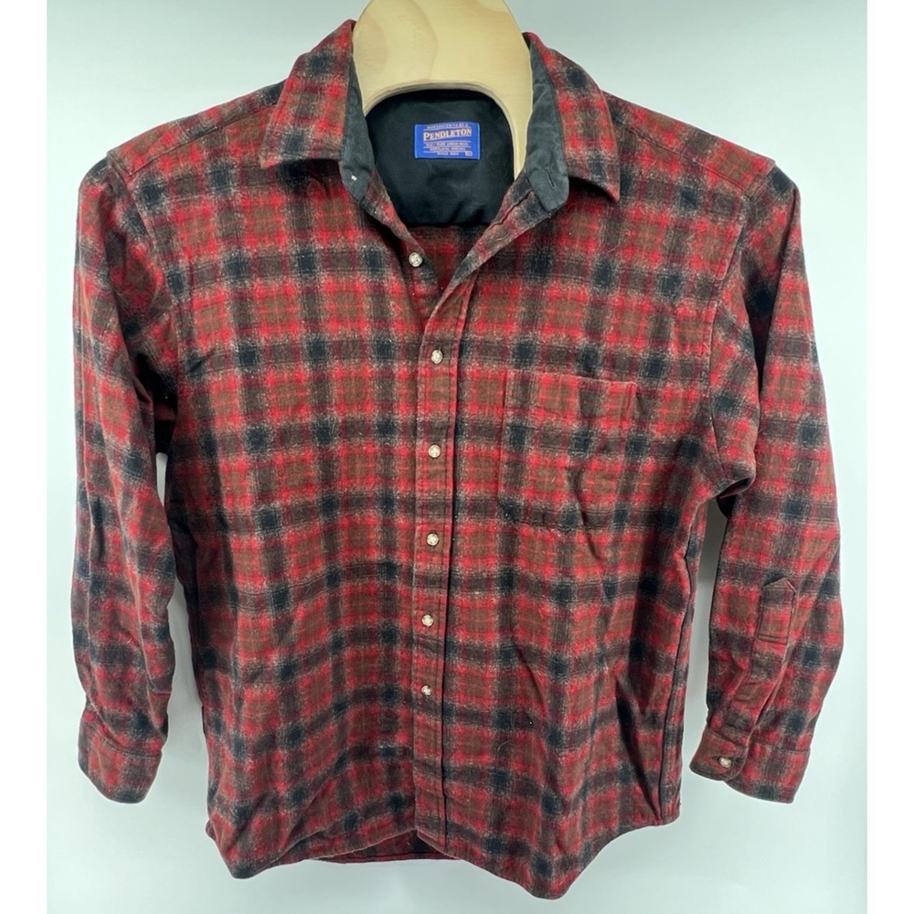 Pendleton Lodge Shirt XL Red Black Brown Plaid Wool Long Sleeved *Flawed*